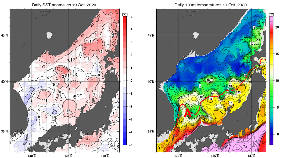 日本海の海面水温平年差分布図および深さ100mの水温分布図（10月19日）