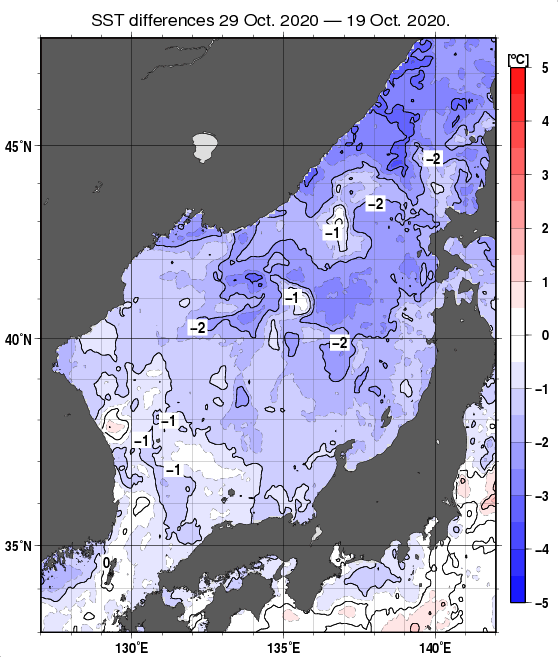 日本海の10日間の海面水温変化量分布図（10月29日）