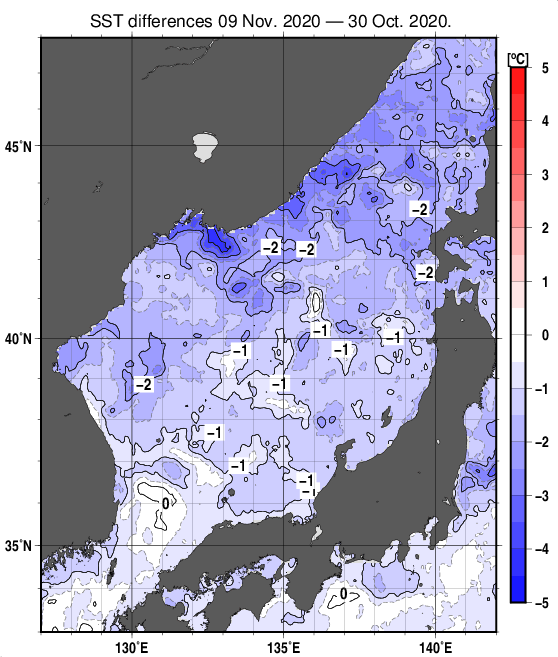 日本海の10日間の海面水温変化量分布図（11月9日）