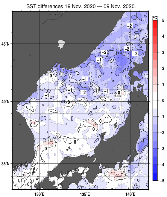 日本海の10日間の海面水温変化量分布図（11月19日）