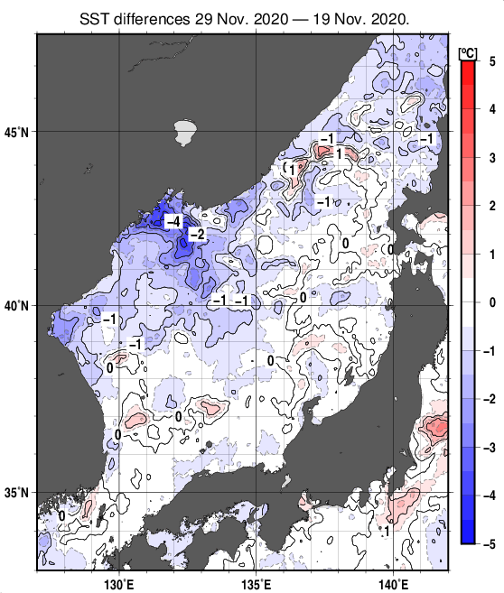 日本海の10日間の海面水温変化量分布図（11月29日）