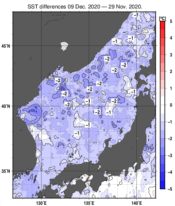 日本海の10日間の海面水温変化量分布図（12月9日）