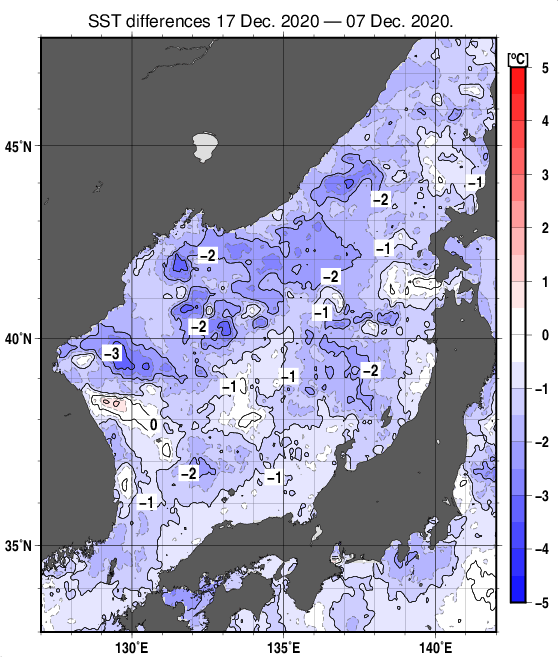 日本海の10日間の海面水温変化量分布図（12月17日）