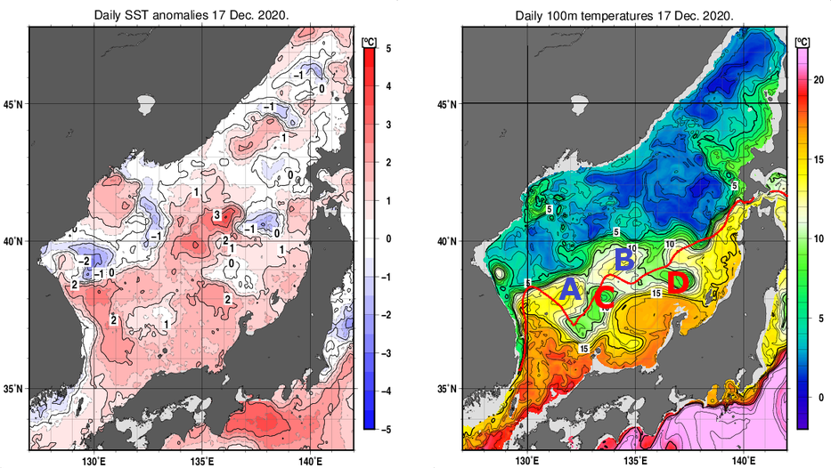 日本海の海面水温平年差分布図および深さ100mの水温分布図（12月17日）