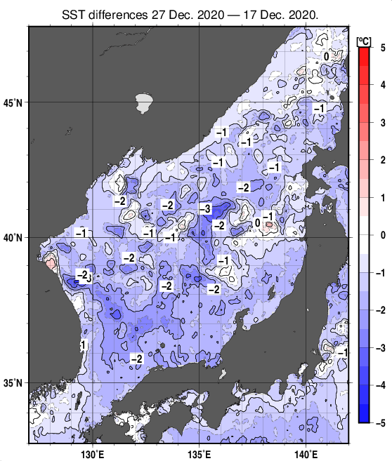 日本海の10日間の海面水温変化量分布図（12月27日）