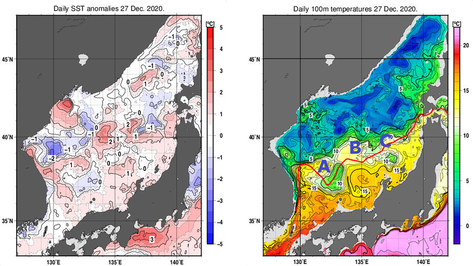 日本海の海面水温平年差分布図および深さ100mの水温分布図（12月27日）