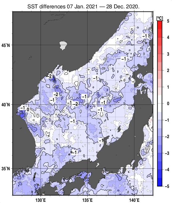 日本海の10日間の海面水温変化量分布図（1月7日）