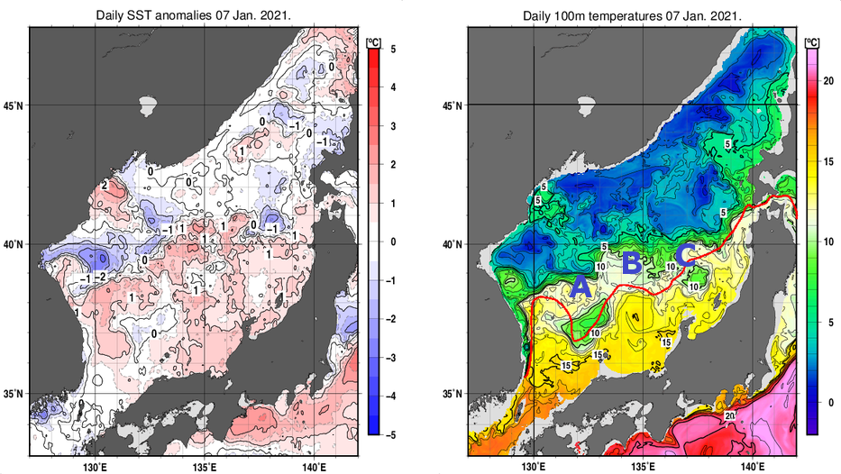 日本海の海面水温平年差分布図および深さ100mの水温分布図（1月7日）