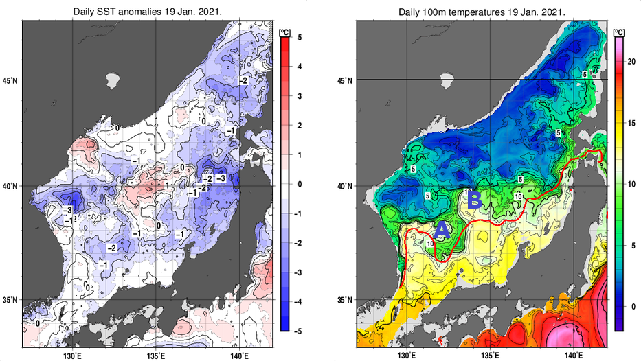 日本海の海面水温平年差分布図および深さ100mの水温分布図（1月19日）