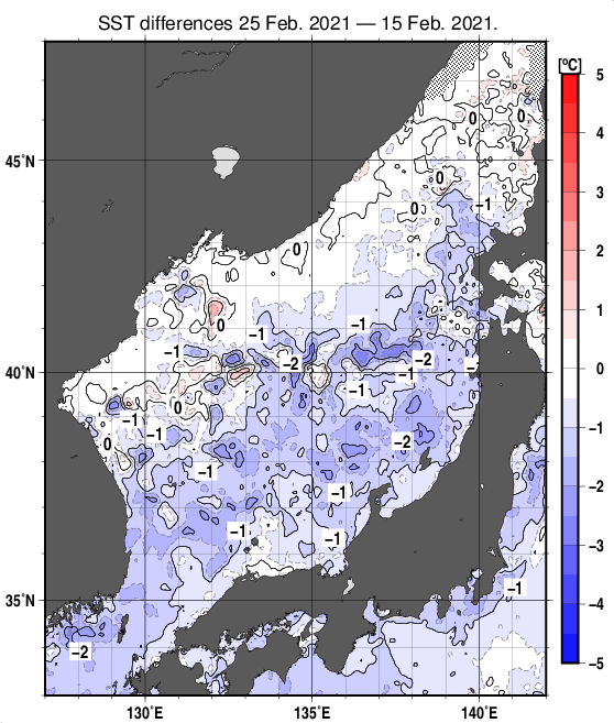 日本海の10日間の海面水温変化量分布図（2月25日）