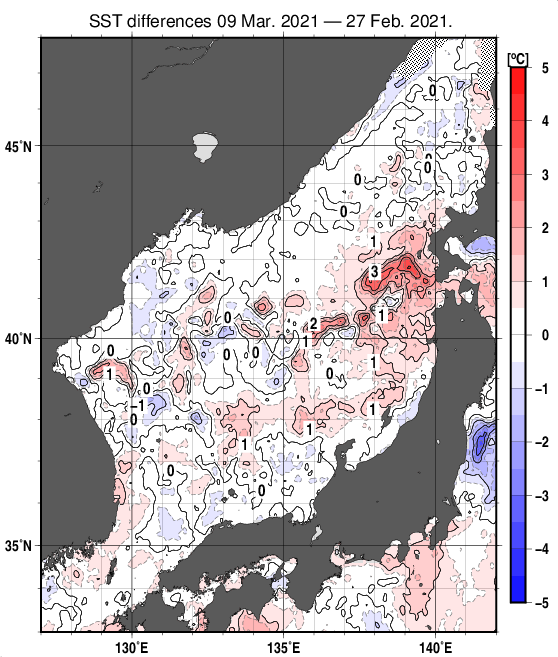 日本海の10日間の海面水温変化量分布図（3月9日）