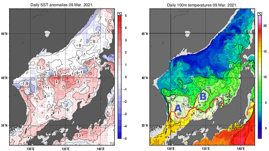 日本海の海面水温平年差分布図および深さ100mの水温分布図（3月9日）