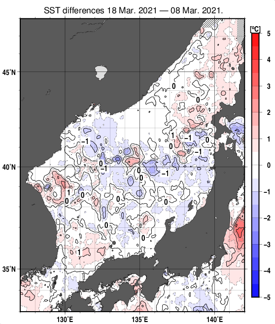 日本海の10日間の海面水温変化量分布図（3月18日）