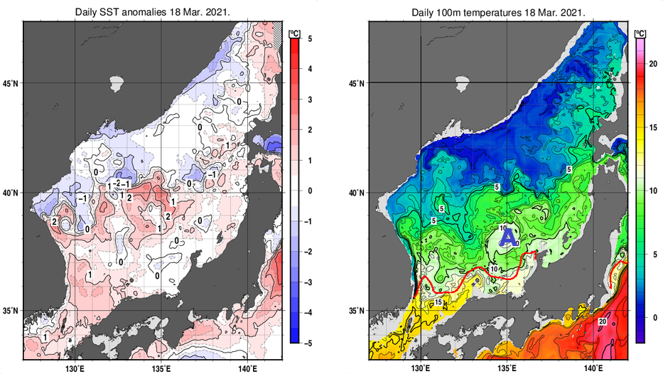 日本海の海面水温平年差分布図および深さ100mの水温分布図（3月18日）