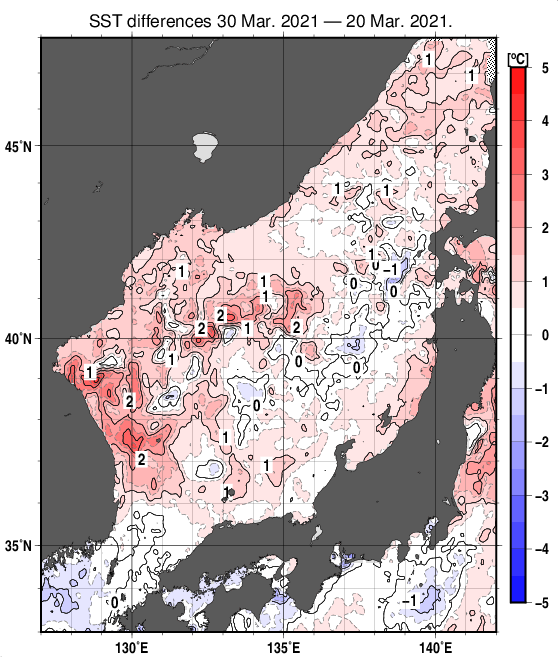 日本海の10日間の海面水温変化量分布図（3月30日）