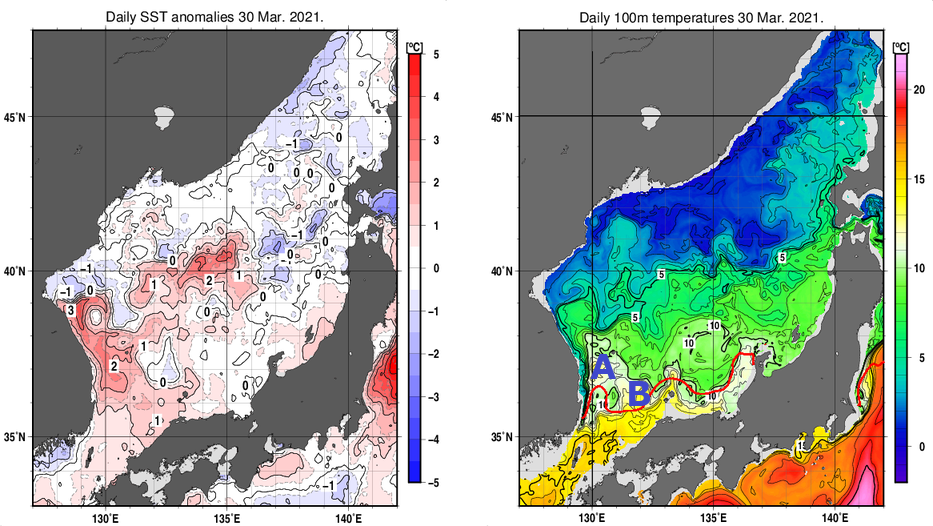 日本海の海面水温平年差分布図および深さ100mの水温分布図（3月30日）