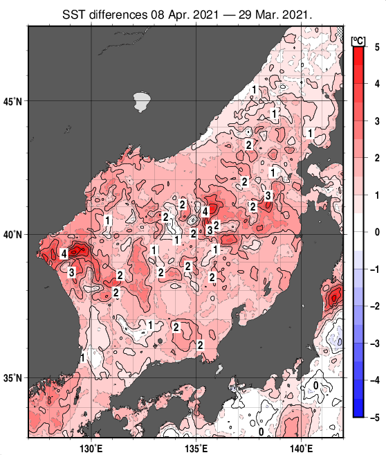 日本海の10日間の海面水温変化量分布図（4月8日）