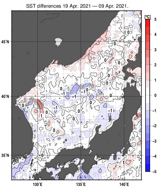 日本海の10日間の海面水温変化量分布図（4月19日）