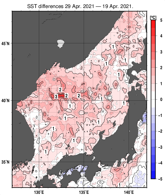 日本海の10日間の海面水温変化量分布図（4月29日）