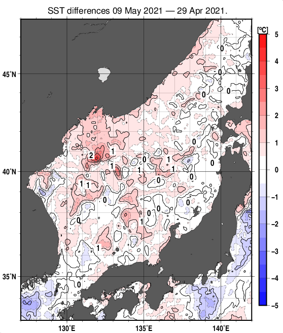 日本海の10日間の海面水温変化量分布図（5月9日）