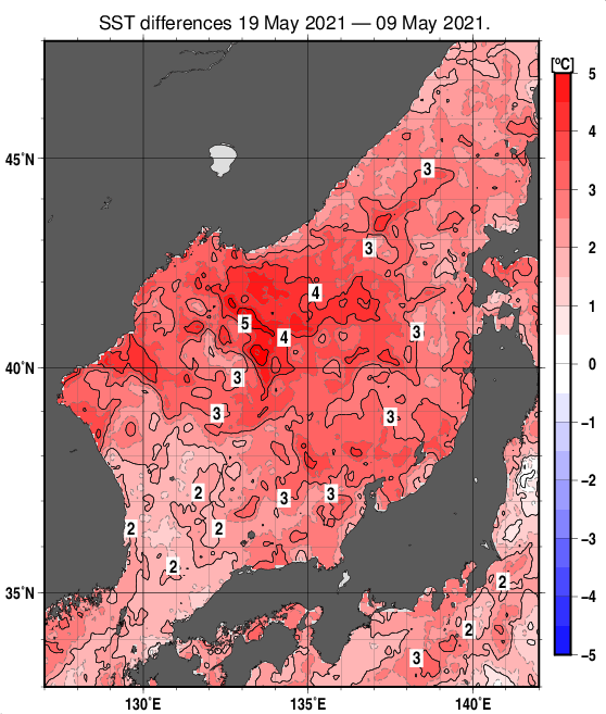日本海の10日間の海面水温変化量分布図（5月19日）