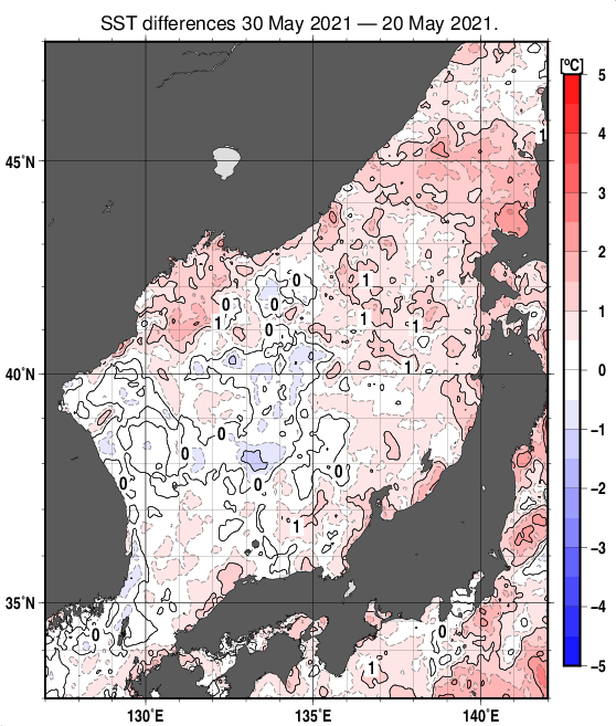 日本海の10日間の海面水温変化量分布図（5月30日）