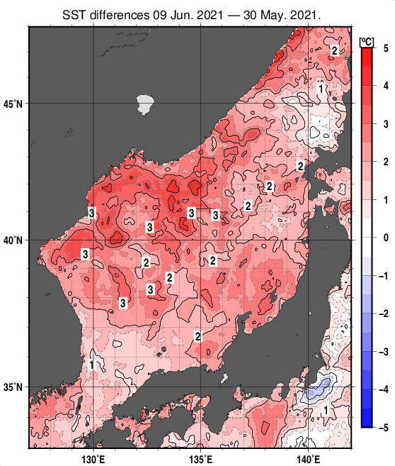 日本海の10日間の海面水温変化量分布図（6月9日）