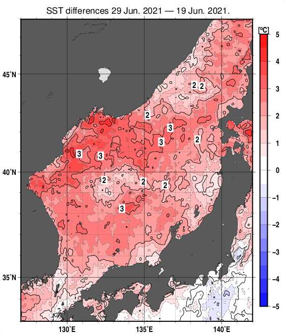 日本海の10日間の海面水温変化量分布図（6月29日）