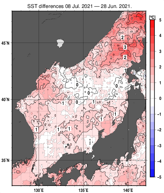 日本海の10日間の海面水温変化量分布図（7月8日）