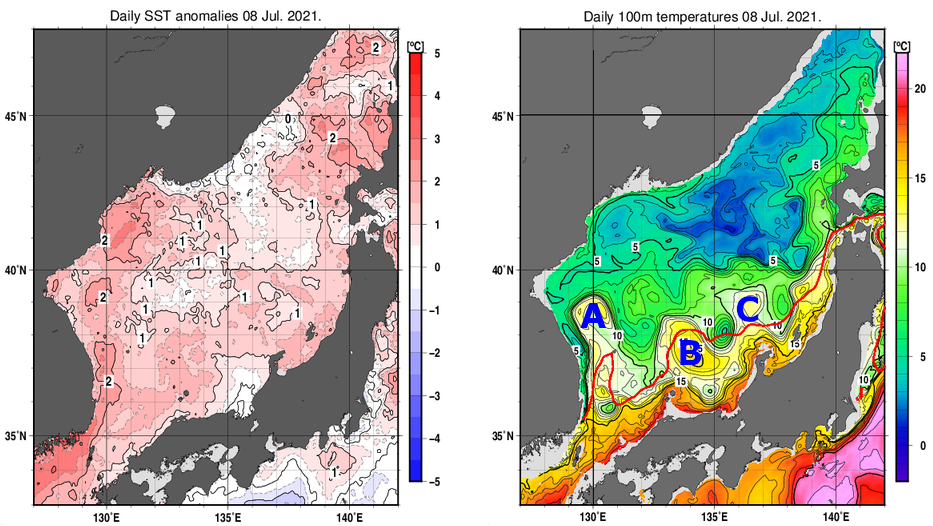 日本海の海面水温平年差分布図および深さ100mの水温分布図（7月8日）