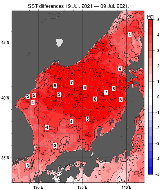 日本海の10日間の海面水温変化量分布図（7月19日）