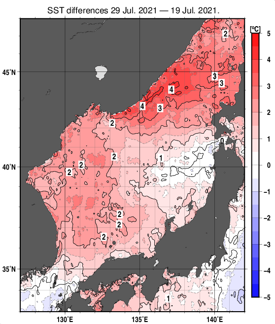 日本海の10日間の海面水温変化量分布図（7月29日）