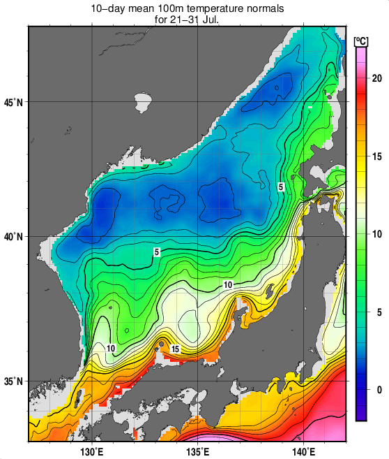 日本海の深さ100mの水温の旬別平年値(1993～2017年の25年間の平均)(7月下旬)