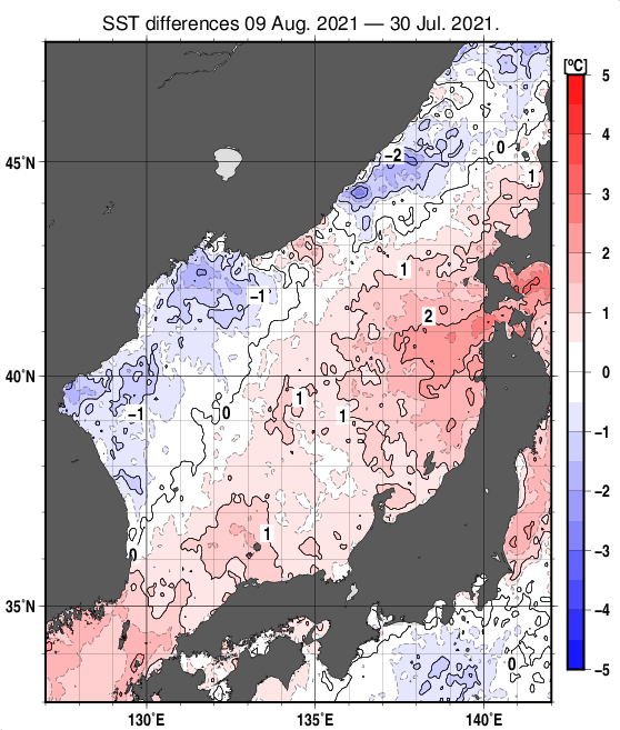 日本海の10日間の海面水温変化量分布図（8月9日）
