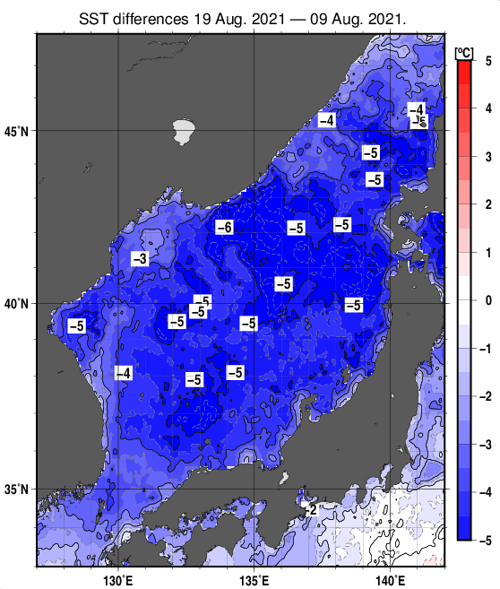 日本海の10日間の海面水温変化量分布図（8月19日）