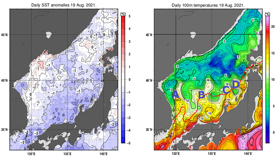 日本海の海面水温平年差分布図および深さ100mの水温分布図（8月19日）