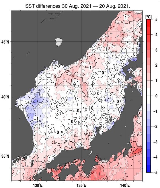 日本海の10日間の海面水温変化量分布図（8月30日）