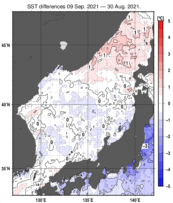 日本海の10日間の海面水温変化量分布図（9月9日）