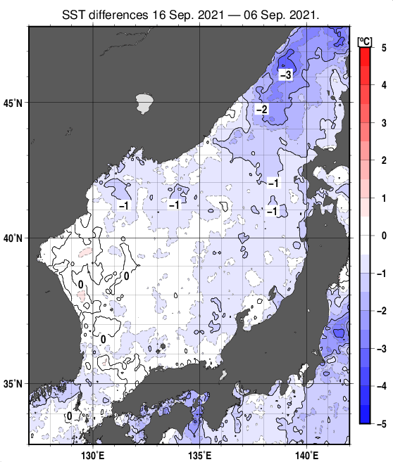 日本海の10日間の海面水温変化量分布図（9月16日）