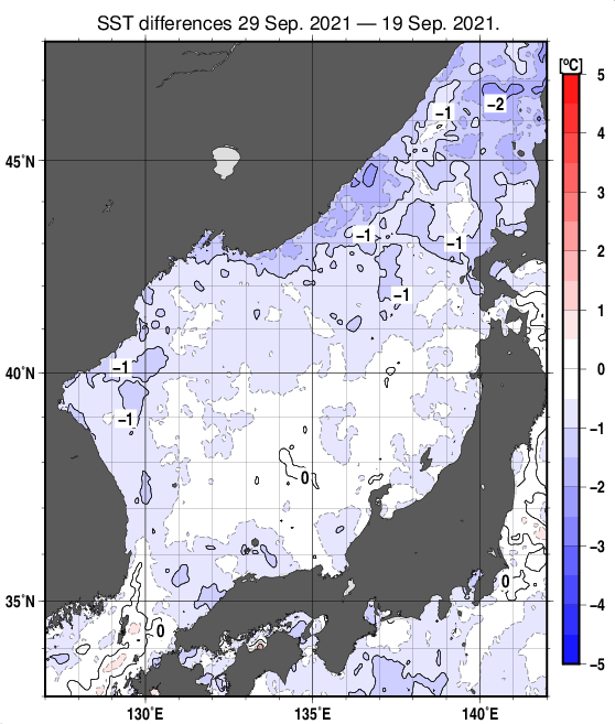 日本海の10日間の海面水温変化量分布図（9月29日）
