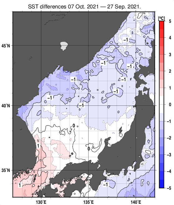 日本海の10日間の海面水温変化量分布図（10月7日）