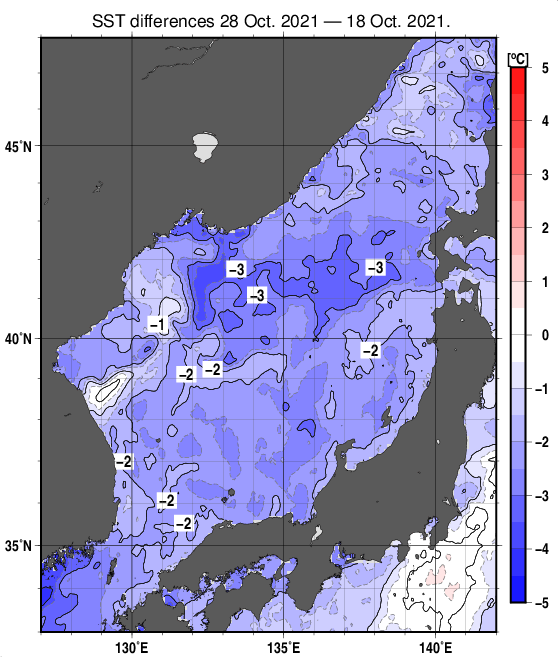 日本海の10日間の海面水温変化量分布図（10月28日）