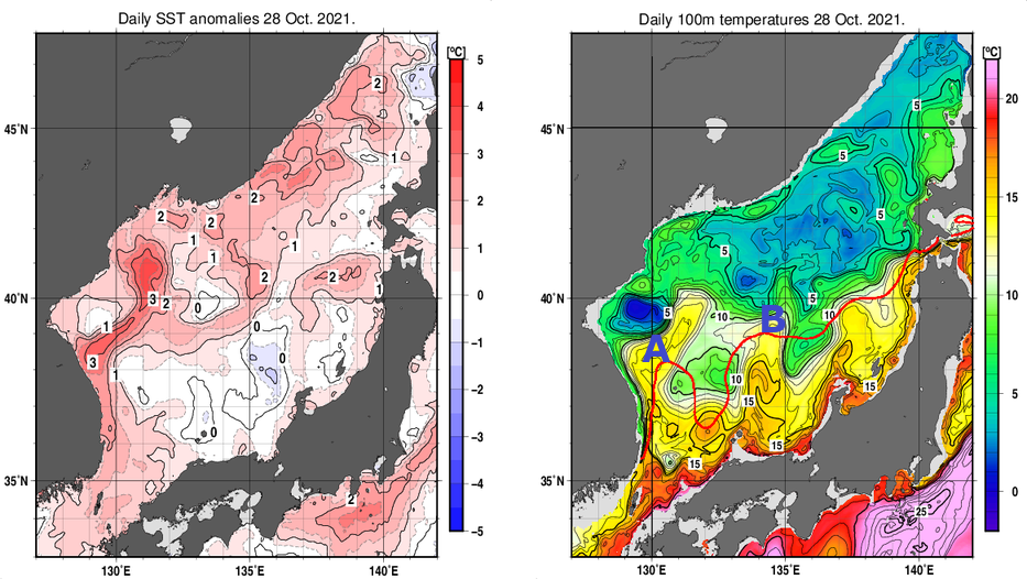 日本海の海面水温平年差分布図および深さ100mの水温分布図（10月28日）