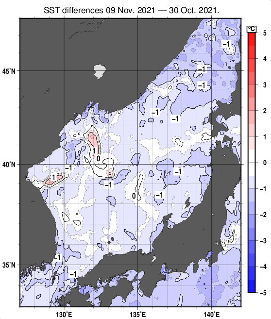 日本海の10日間の海面水温変化量分布図（11月9日）