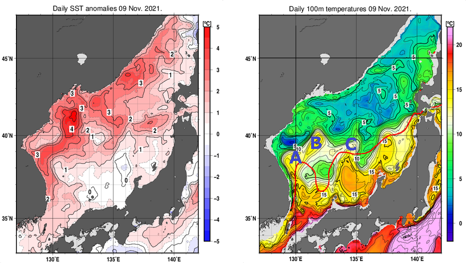 日本海の海面水温平年差分布図および深さ100mの水温分布図（11月9日）