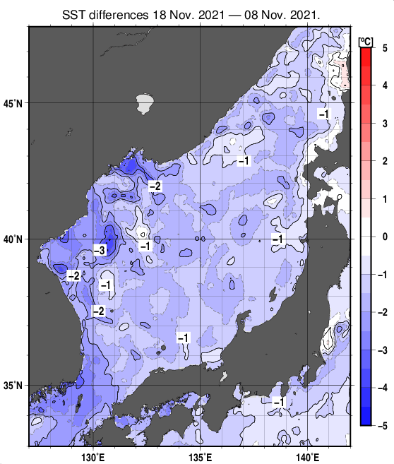 日本海の10日間の海面水温変化量分布図（11月18日）