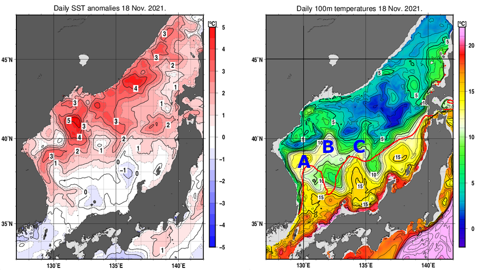 日本海の海面水温平年差分布図および深さ100mの水温分布図（11月18日）