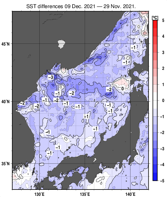 日本海の10日間の海面水温変化量分布図（12月9日）