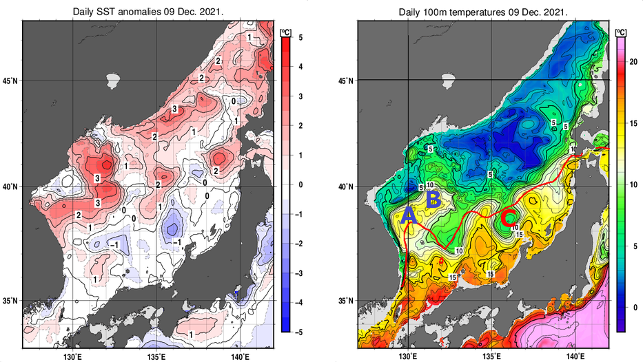 日本海の海面水温平年差分布図および深さ100mの水温分布図（12月9日）