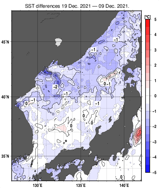 日本海の10日間の海面水温変化量分布図（12月19日）
